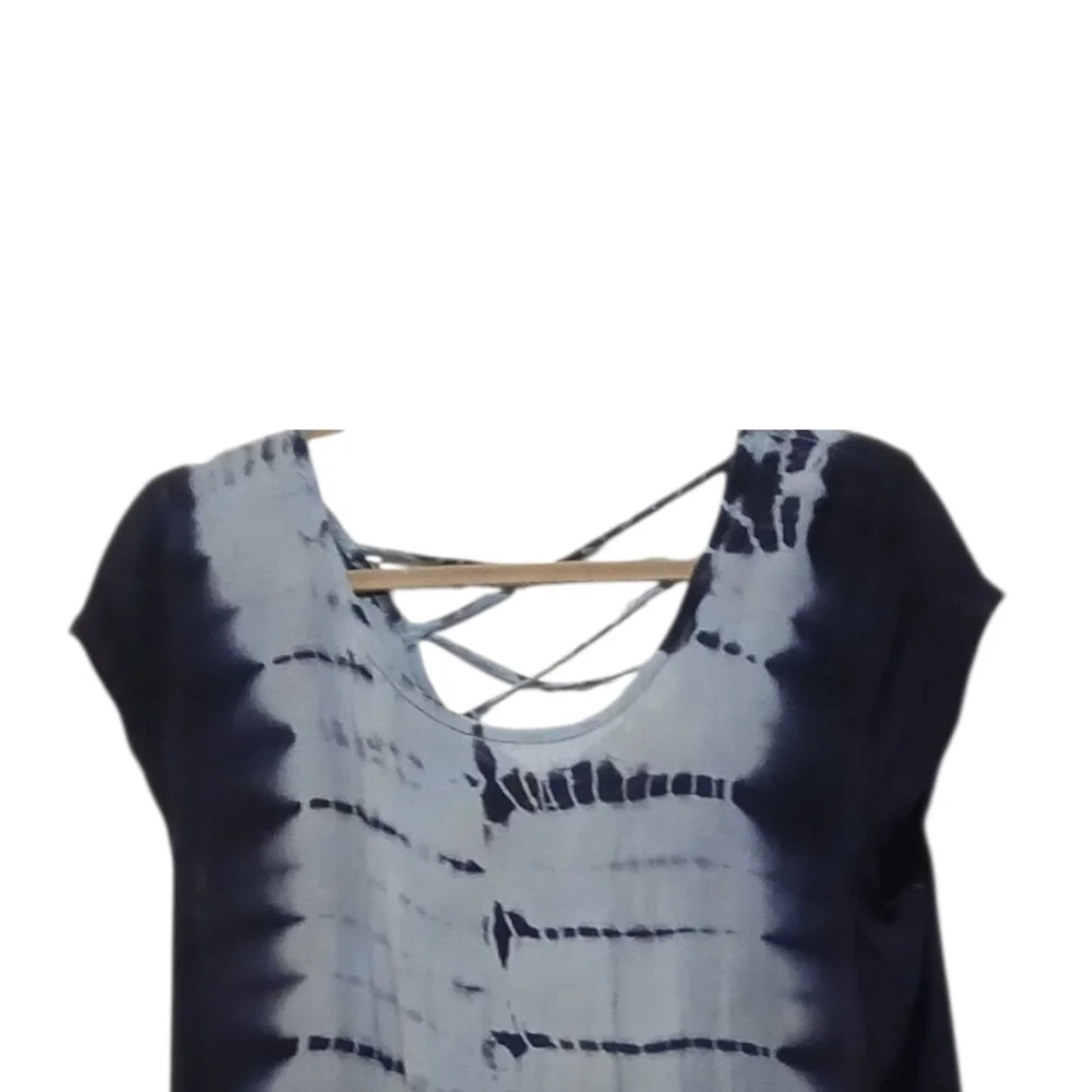 Blue Island - NWOT Hi/Lo Tie-Dye Beach Dress W/Crochet Fringe, Criss Cross Back - Picture 7 of 13